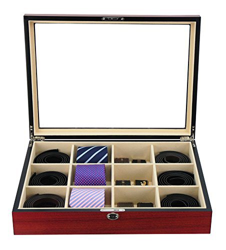 Display Case for 12 Ties, Belts, and Accessories Cherry Wood Storage