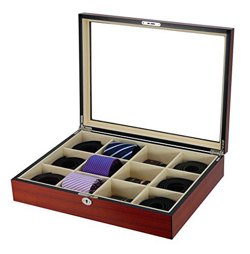Display Case for 12 Ties, Belts, and Accessories Cherry Wood Storage