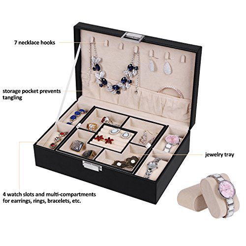 BEWISHOME Jewelry Box Organizer with 4 Watch Case Removable Tray Jewelry