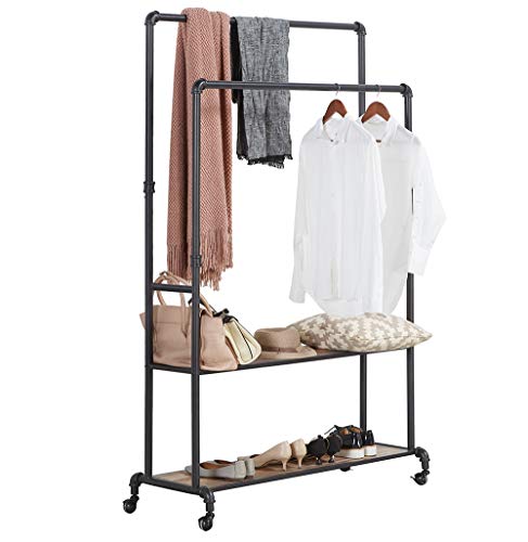 Rustic Industrial Pipe Hall Tree with Shoe Storage – Rolling Clothes Rack