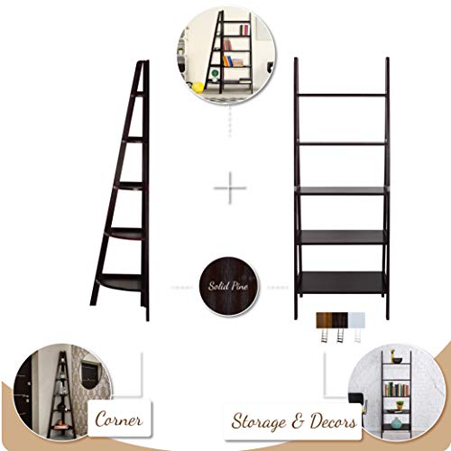Maximize Space & Style with the Espresso 5-Shelf Corner Ladder Bookcase – Smart, Elegant Storage