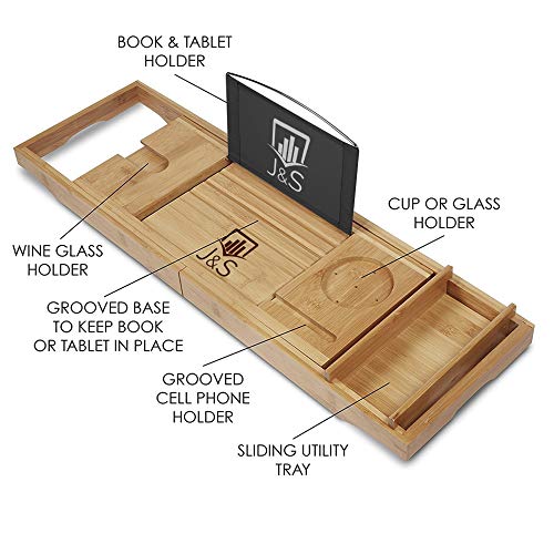 J & S Premium Bamboo Bathtub Caddy Tray - Bamboo Wooden