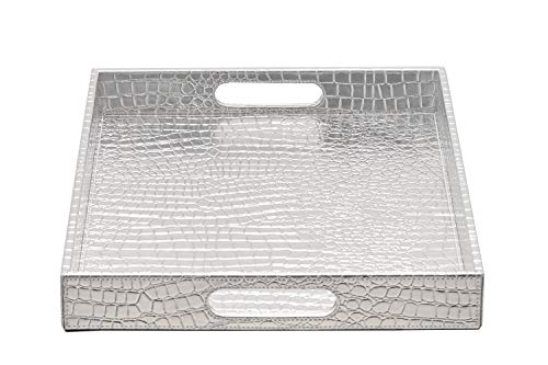 Stunning Glossy Silver Rectangle 18''X14'' Alligotor Croc Decorative Ottoman Coffee