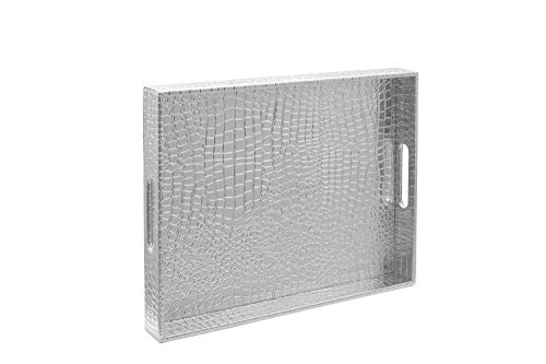 Stunning Glossy Silver Rectangle 18''X14'' Alligotor Croc Decorative Ottoman Coffee