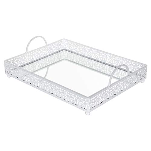 Giovanni White Mirror Top Serving Tray, Rectangular Metal Ornate