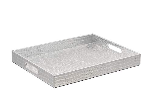 Stunning Glossy Silver Rectangle 18''X14'' Alligotor Croc Decorative Ottoman Coffee