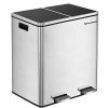 SONGMICS 60L stainless steel trash can with dual pedals, soft-close lids, and removable inner buckets for efficient waste and recycling management.