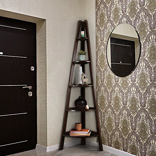 Maximize Space & Style with the Espresso 5-Shelf Corner Ladder Bookcase – Smart, Elegant Storage