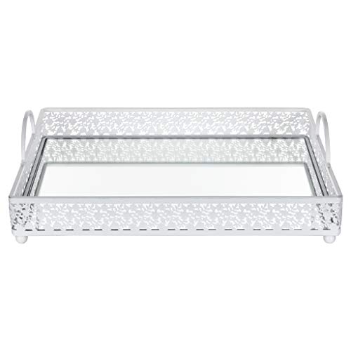 Giovanni White Mirror Top Serving Tray, Rectangular Metal Ornate
