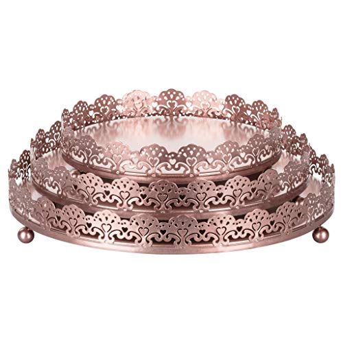 Sophia 3-Piece Rose Gold Decorative Tray Set, Round Metal Ornate