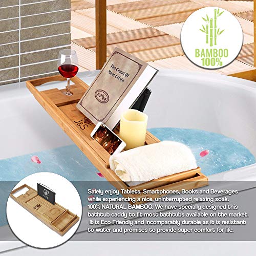 J & S Premium Bamboo Bathtub Caddy Tray - Bamboo Wooden