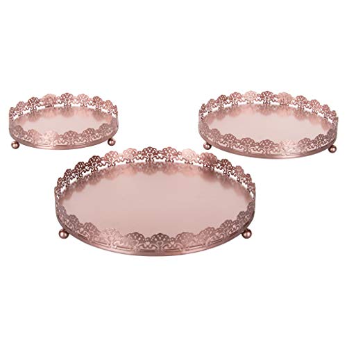 Sophia 3-Piece Rose Gold Decorative Tray Set, Round Metal Ornate