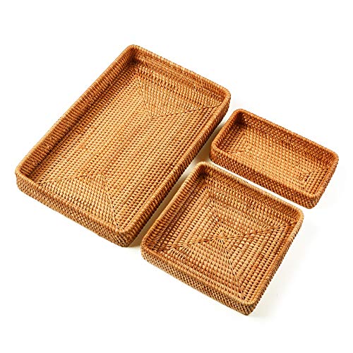 I-lan Set of 3 Handmade Rattan Rectangle Serving Tray Wicker Serving Organizer