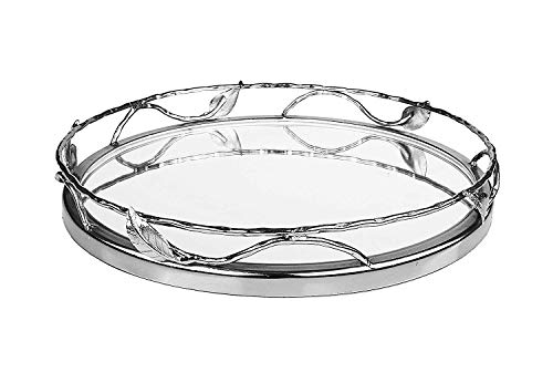 Round Mirror Tray with Nickel Leaf Design - Elegant Serving Tray