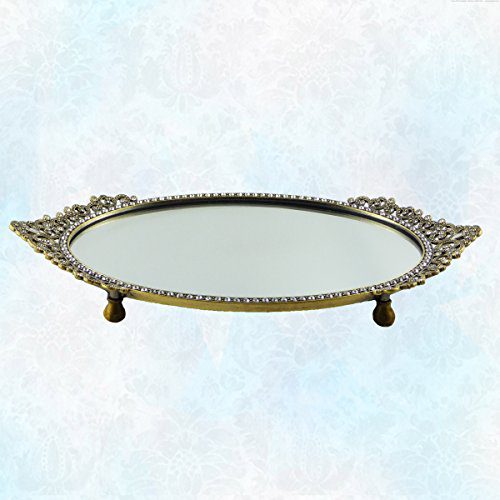 Vintage Gold Tone Vanity Mirror Tray with Oval Beautiful Asian Design