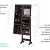 LUXFURNI LED Light Jewelry Cabinet Standing Mirror Makeup Lockable Armoire