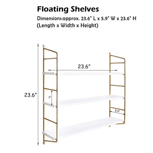 BOLUO White Floating Shelves 24 Inch 3 Tier Gold Wall Shelf for Bedroom