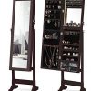 LUXFURNI LED Light Jewelry Cabinet Standing Mirror Makeup Lockable Armoire