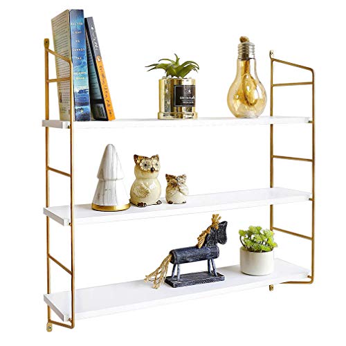 BOLUO White Floating Shelves 24 Inch 3 Tier Gold Wall Shelf for Bedroom