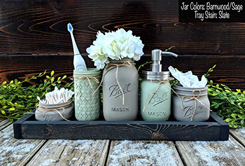 Mason Jar Bathroom Set in Wooden Tray. Bathroom Storage Decor