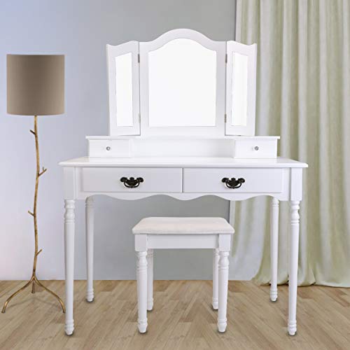 BOCCA Vanity Set Dressing Table,4 Drawers Tri-Folding Necklace Hooked Mirror