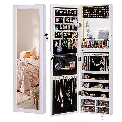 LUXFURNI Mirror Jewelry Cabinet 79 LED Lights Wall-Mount/Door-Hanging Armoire
