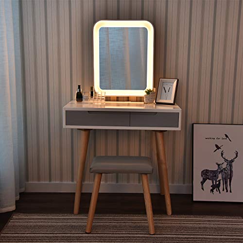 Vanity Table Set with Adjustable Brightness Mirror and Cushioned Stool