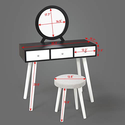 JAXSUNNY Makeup Vanity Table Dressing Desk with Round Mirror Sliding Drawers