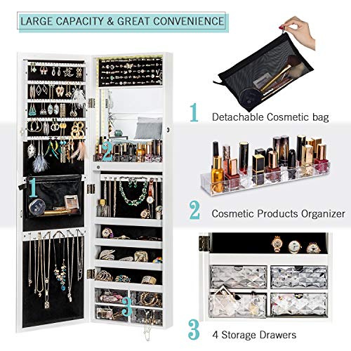 LUXFURNI Mirror Jewelry Cabinet 79 LED Lights Wall-Mount/Door-Hanging Armoire