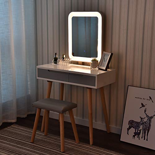 Vanity Table Set with Adjustable Brightness Mirror and Cushioned Stool