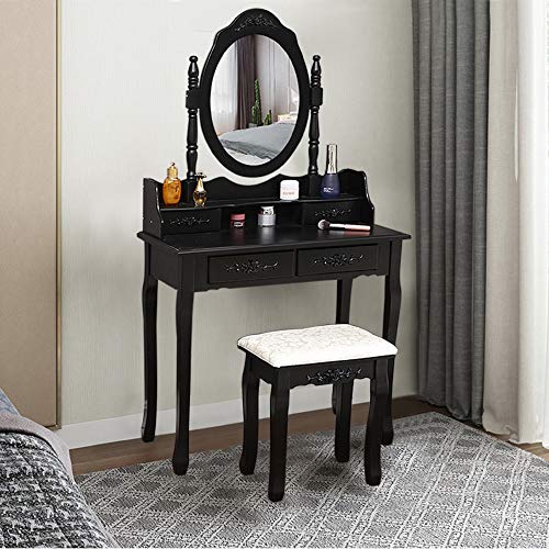 Vanity Table Set Black, (Ship from USA) with Oval Mirror and Makeup Organizer