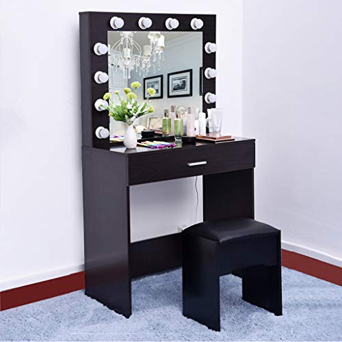 Fine Vanity Table Set Mirror with LED Lights, Dressing Table and Stool Set