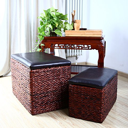 Eshow Ottoman Rattan Ottoman with Storage Hassocks and Ottomans Foot Rest