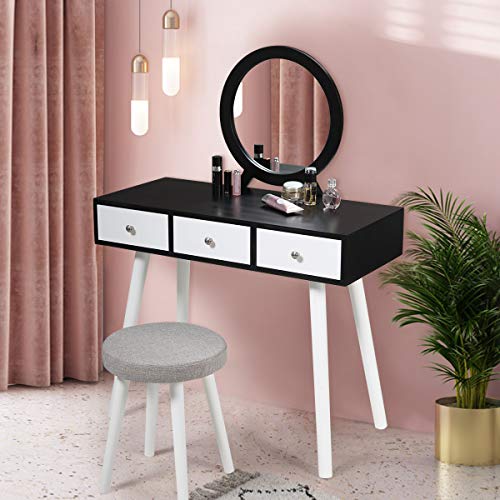 JAXSUNNY Makeup Vanity Table Dressing Desk with Round Mirror Sliding Drawers