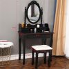 Vanity Table Set Black, (Ship from USA) with Oval Mirror and Makeup Organizer
