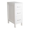 Compact white vanity cabinet with 3 drawers, perfect for bathroom, bedroom, or entryway storage, designed with eco-friendly MDF material and a glossy black wooden countertop.