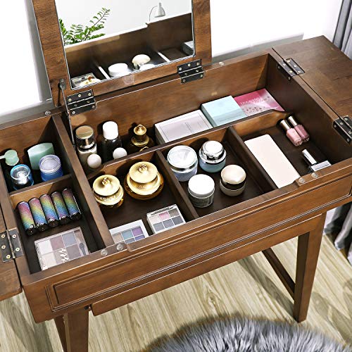 VASAGLE Vanity Table with Flip Top Mirror, Solid Wood Makeup Dressing Table Desk