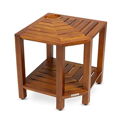 Teak Corner Shower Bench with Basket 17.5 Inch, Fully Assembled