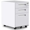 Mobile file cabinet in white with 3 drawers, featuring lockable wheels and a modern curve handle, ideal for office or home storage