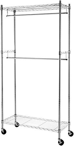AmazonBasics Double Hanging Rod Garment Rolling Closet Organizer Rack