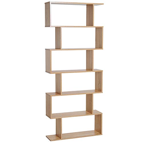 HOMCOM 75.5" H Bookcase 6 Shelf S-Shaped Bookshelf Wooden Storage