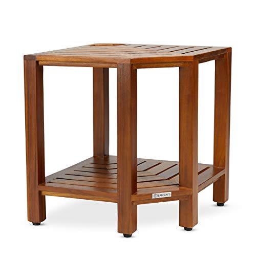 Teak Corner Shower Bench with Basket 17.5 Inch, Fully Assembled