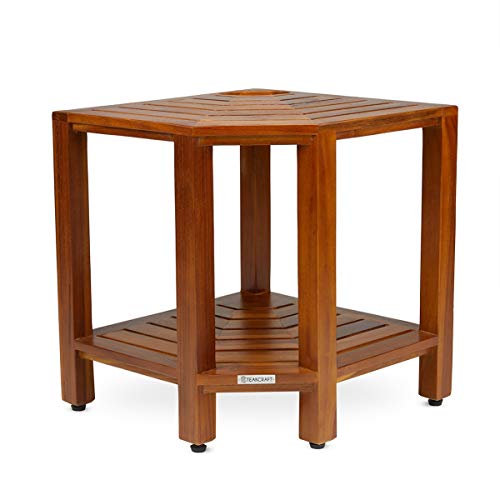 Teak Corner Shower Bench with Basket 17.5 Inch, Fully Assembled