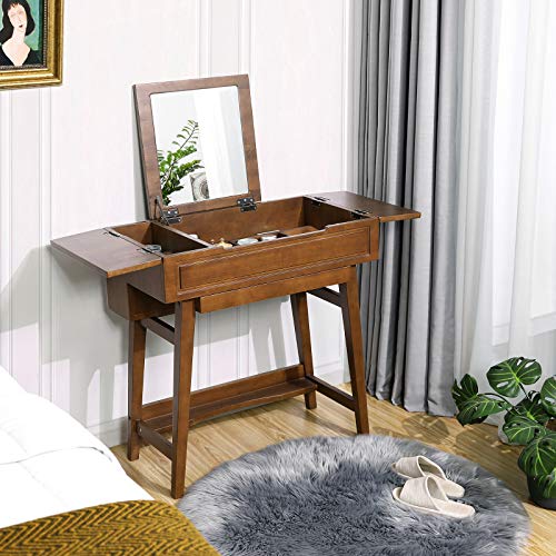 VASAGLE Vanity Table with Flip Top Mirror, Solid Wood Makeup Dressing Table Desk