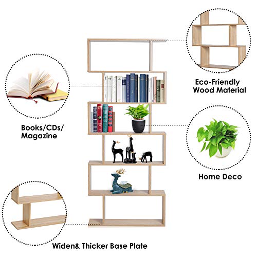 HOMCOM 75.5" H Bookcase 6 Shelf S-Shaped Bookshelf Wooden Storage