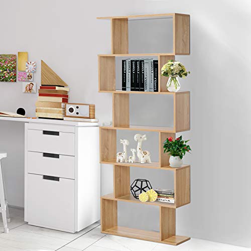 HOMCOM 75.5" H Bookcase 6 Shelf S-Shaped Bookshelf Wooden Storage