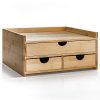 Natural bamboo desktop organizer with three drawers and a spacious top tray for papers, ideal for home or office use