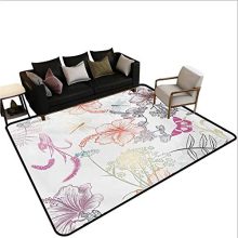 Dragonfly Area Rug Floral Design Hibiscus Ornaments Moth and Dragonfly