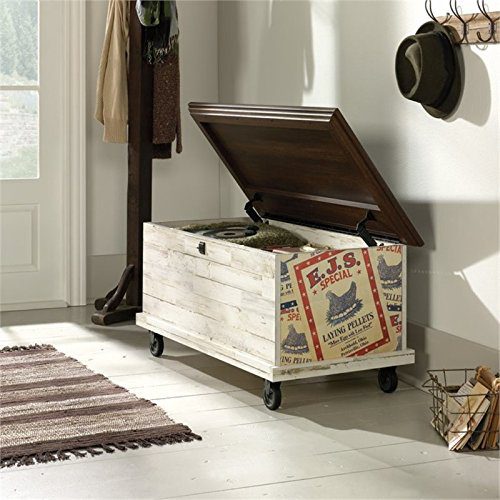 Pemberly Row Rolling Trunk Coffee Table in White Plank