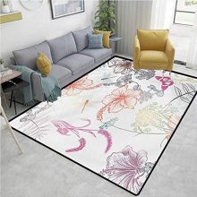 Dragonfly Area Rug Floral Design Hibiscus Ornaments Moth and Dragonfly